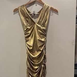 bebe Gold Backless Ruched Dress
